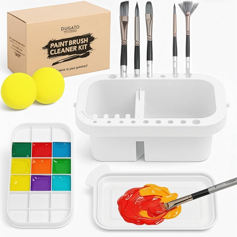 DUGATO 3-in-1 Paint Brush Cleaner Washer, Holder & Palette - Keep Brushes Clean & Organized - Artists Art Cleaning Basin with Lid & 2 Art Sponges for Acrylic, Watercolor, Oil Painting (White) - Image 1